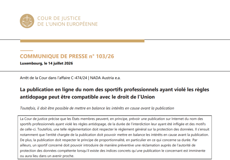 La Cour de justice de l’Union européenne se prononce sur la publication des sanctions antidopage